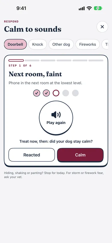Bokedex Calm to sounds: the Doorbell drill at step 1 of 6, “Next room, faint”, with a Play again button and Reacted or Calm buttons.