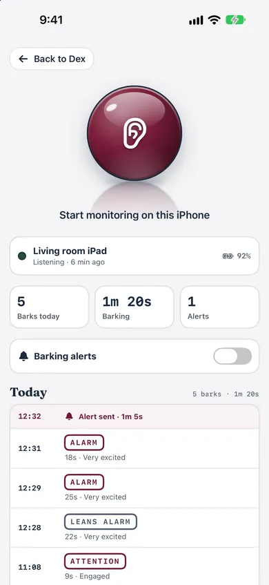 Bokedex Home monitor: the start button, the living room iPad listening, 5 barks today and a timeline of alert barks.