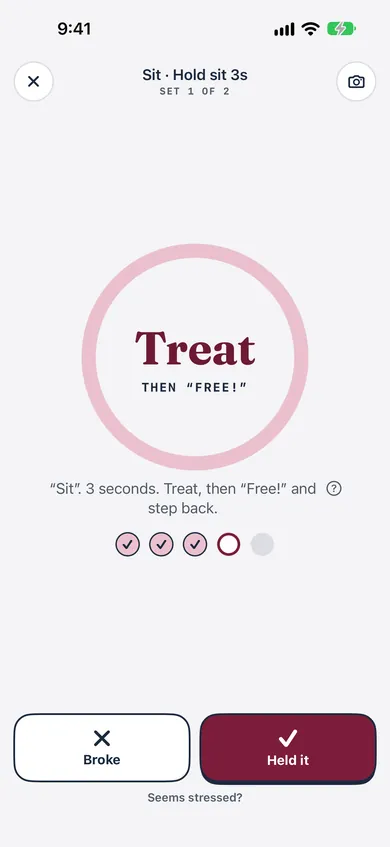 A Bokedex training rep: the hold ring for Sit, “Treat, then Free!”, four reps done, with Held it and Broke buttons.