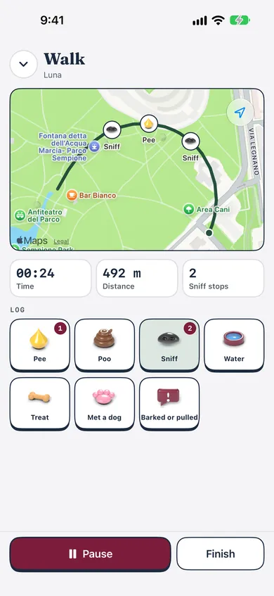 Bokedex walk screen: a park route on the map with pins for pee and sniff stops, 492 m walked, 2 sniff stops, and the log buttons for pee, poo, sniff, water, treat, met a dog and barked or pulled.