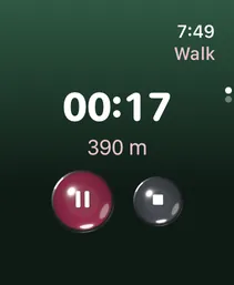 Bokedex on Apple Watch during a walk: 390 m so far, with Pause and End buttons.