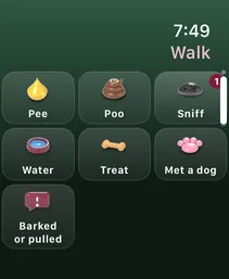 The walk log on Apple Watch: Pee, Poo, Sniff, Water, Treat, Met a dog and Barked or pulled.